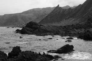 Kupe's Sail Rock, Palliser Bay (BW)